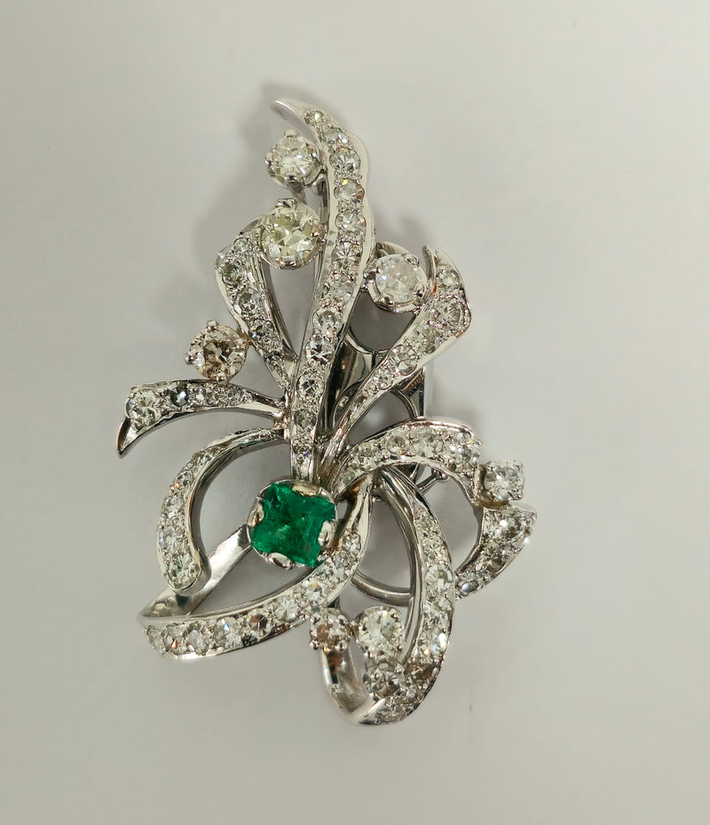 7.50 Carat VVS Diamond and Colombian Emerald Pin