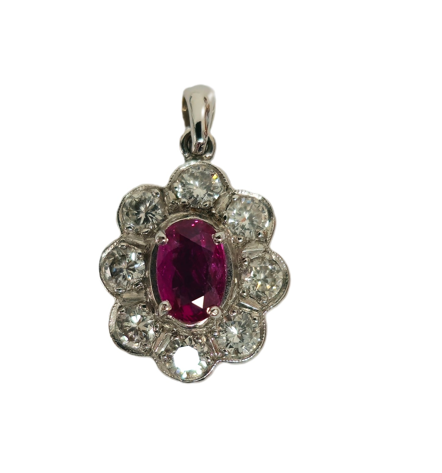 18K White Gold, No Heat Ruby and White Diamond Pendant