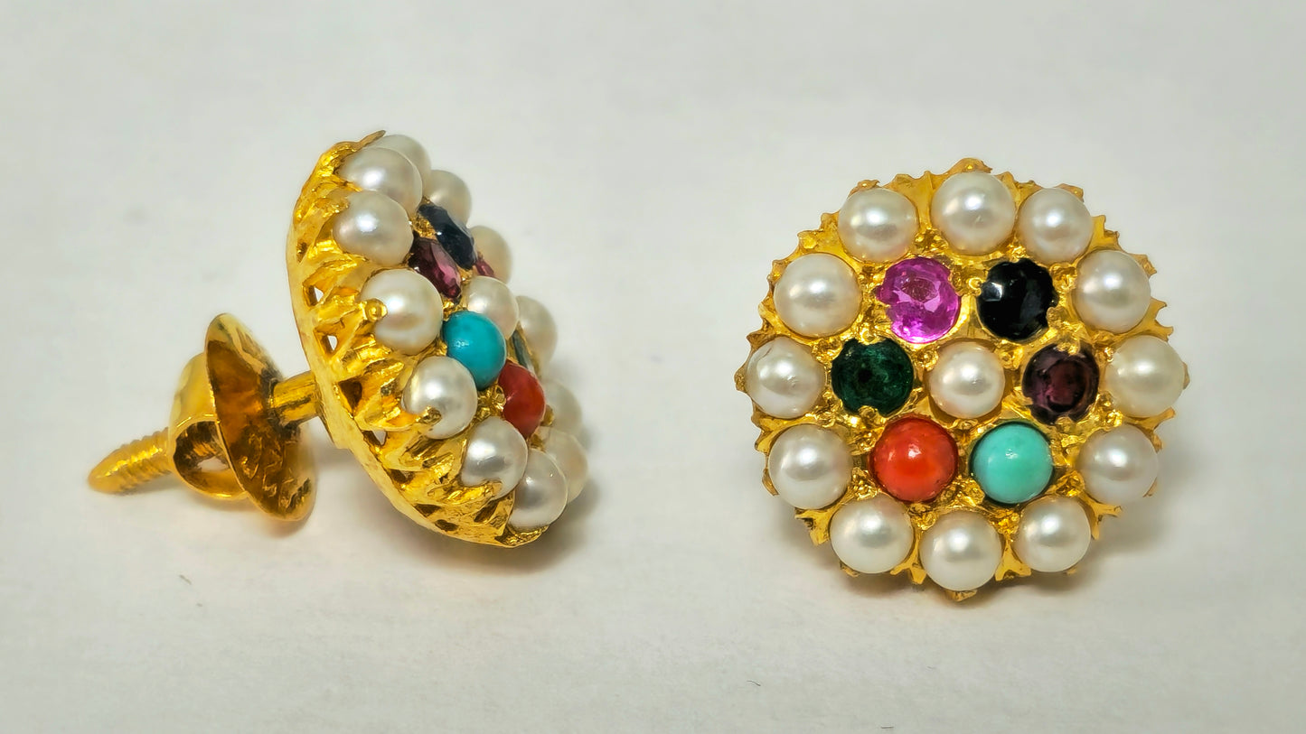 Vintage 22k Yellow Gold Pearl, Emerald and Sapphire Earrings