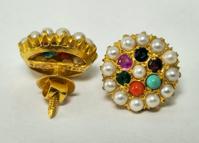 Vintage 22k Yellow Gold Pearl, Emerald and Sapphire Earrings