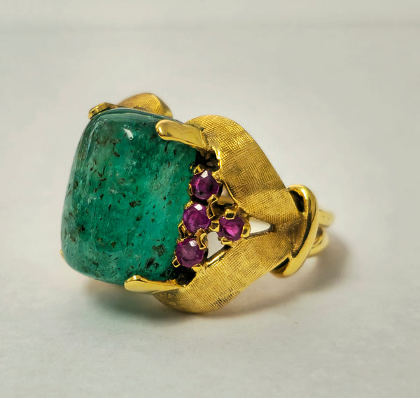 Rare 12.11 Carat Colombian Emerald & Ruby Ring in 14k Gold