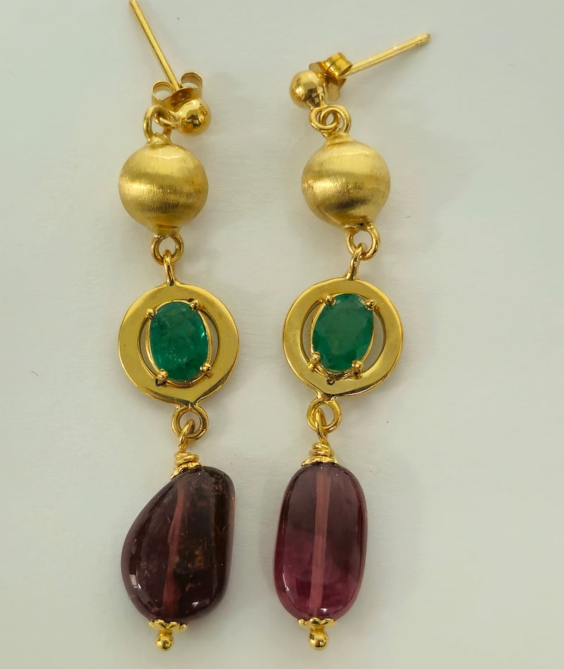 Womens Vintage Emerald, Tourmaline & 14K Gold Earrings