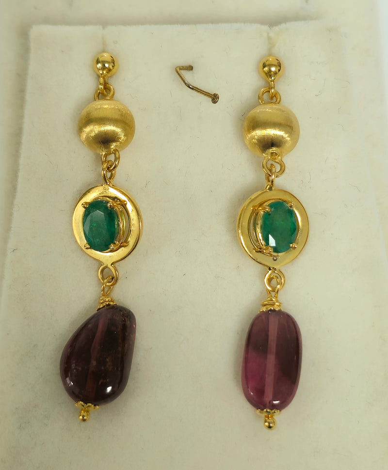 Womens Vintage Emerald, Tourmaline & 14K Gold Earrings