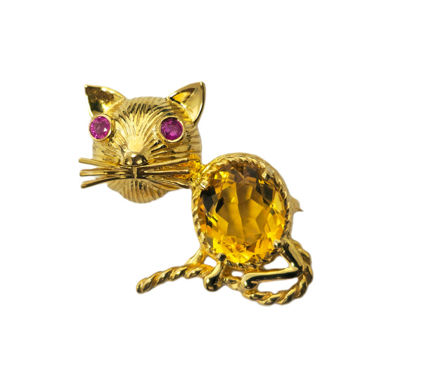 Cat Motif Ruby and Citrine Pin in 14k Yellow Gold