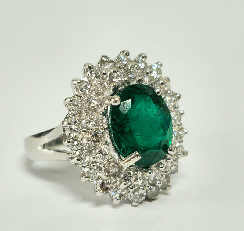 GIA 14K White Gold Emerald Diamond Cocktail Ring