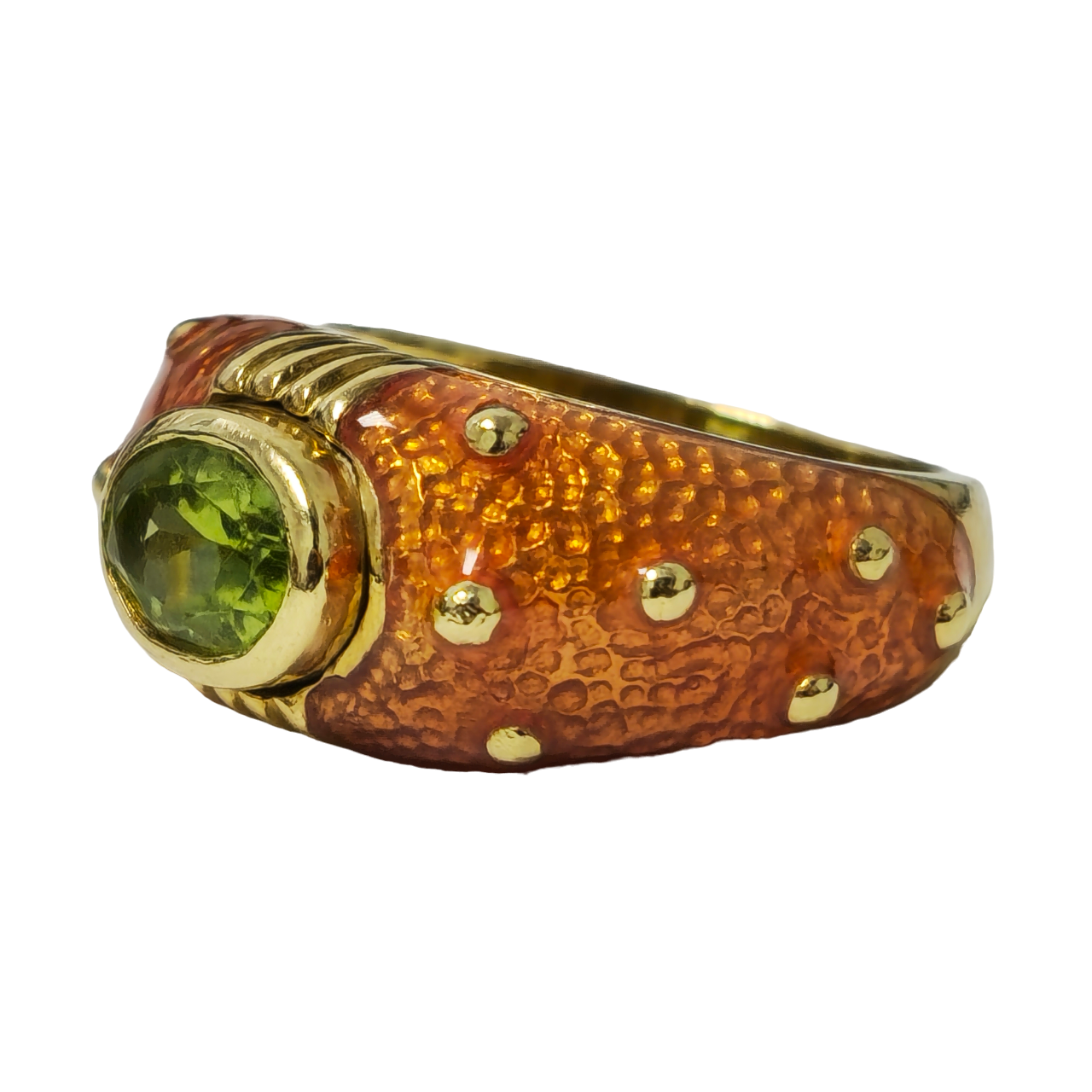 Vintage Green Peridot Orange in 10k Yellow Gold Ring with Orange Enamel