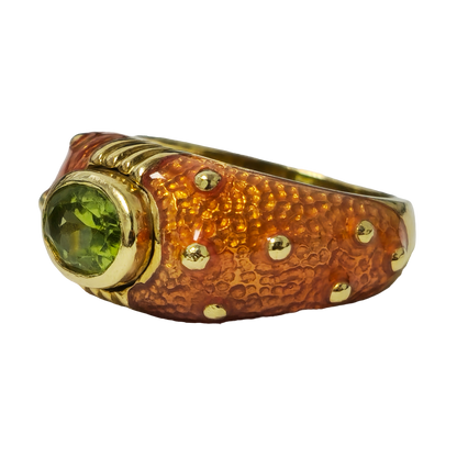 Vintage Green Peridot Orange in 10k Yellow Gold Ring with Orange Enamel