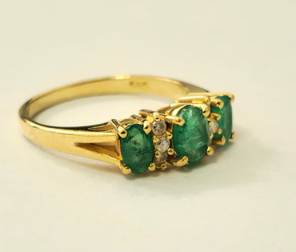 Natural 3 stone Emerald & Diamond Ring in 14k Gold