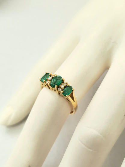 Natural 3 stone Emerald & Diamond Ring in 14k Gold