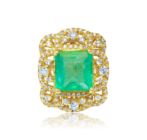 18k Gold Vintage 6 ct Emerald Diamond Cocktail Ring