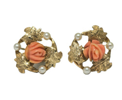 Victorian Natural Coral & Pearl Earrings in 14k Gold For Her
