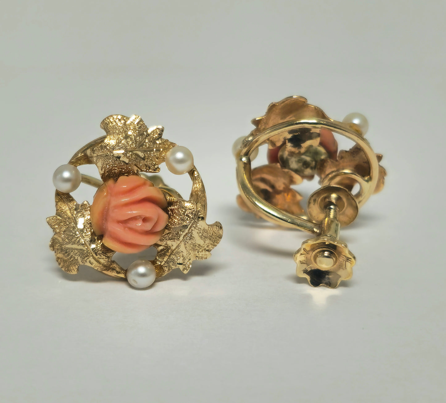 Victorian Natural Coral & Pearl Earrings in 14k Gold For Her