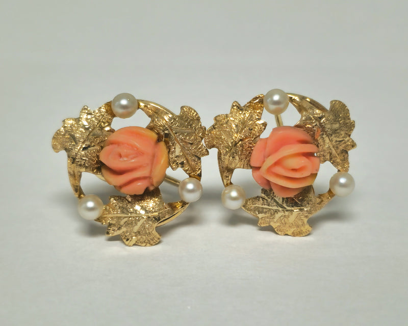 Victorian Natural Coral & Pearl Earrings in 14k Gold For Her
