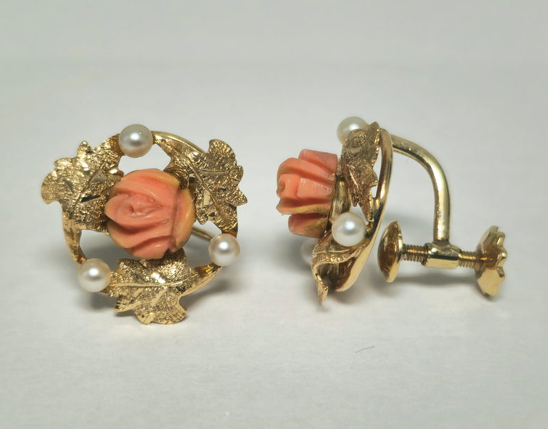 Victorian Natural Coral & Pearl Earrings in 14k Gold For Her