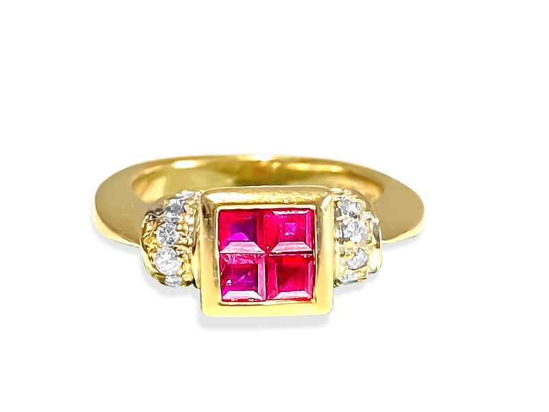 18K Gold, 0.92 carat diamond and natural ruby ring