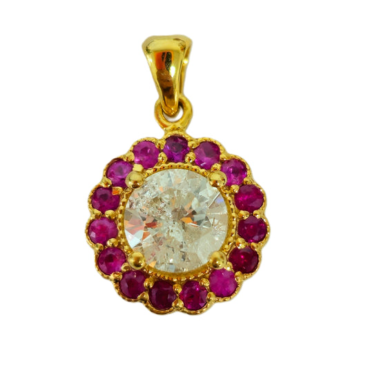 (GIA) 14K Yellow Gold, Diamond and Burma Ruby Pendant