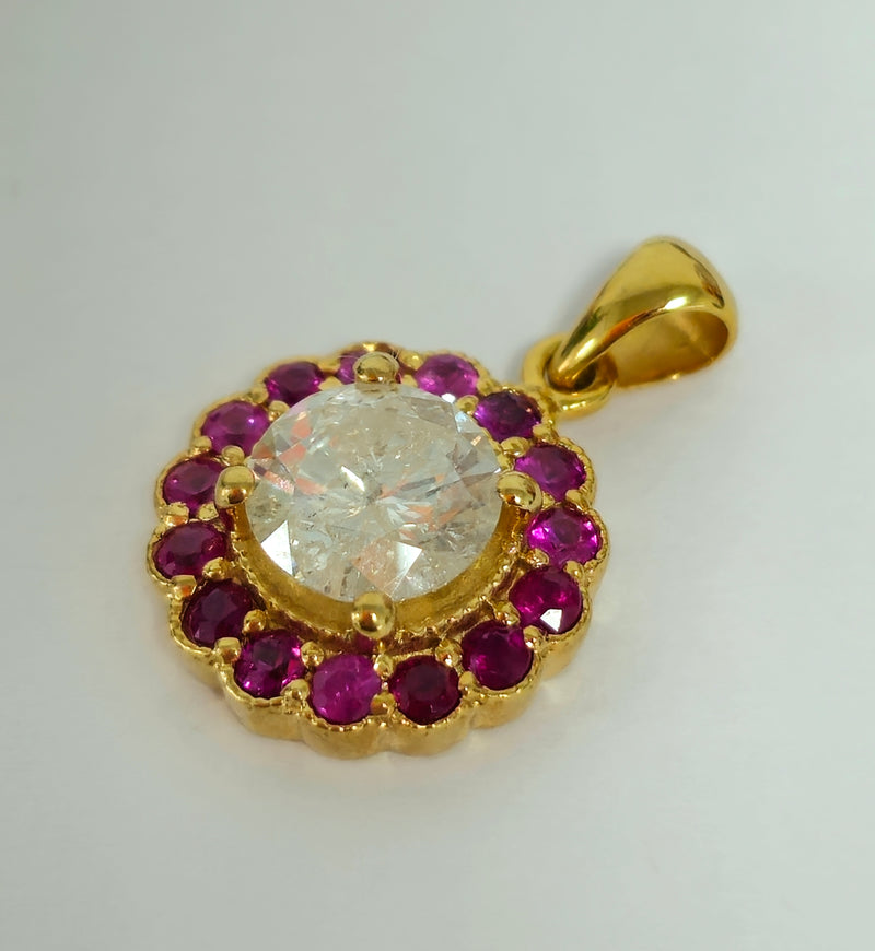 (GIA) 14K Yellow Gold, Diamond and Burma Ruby Pendant