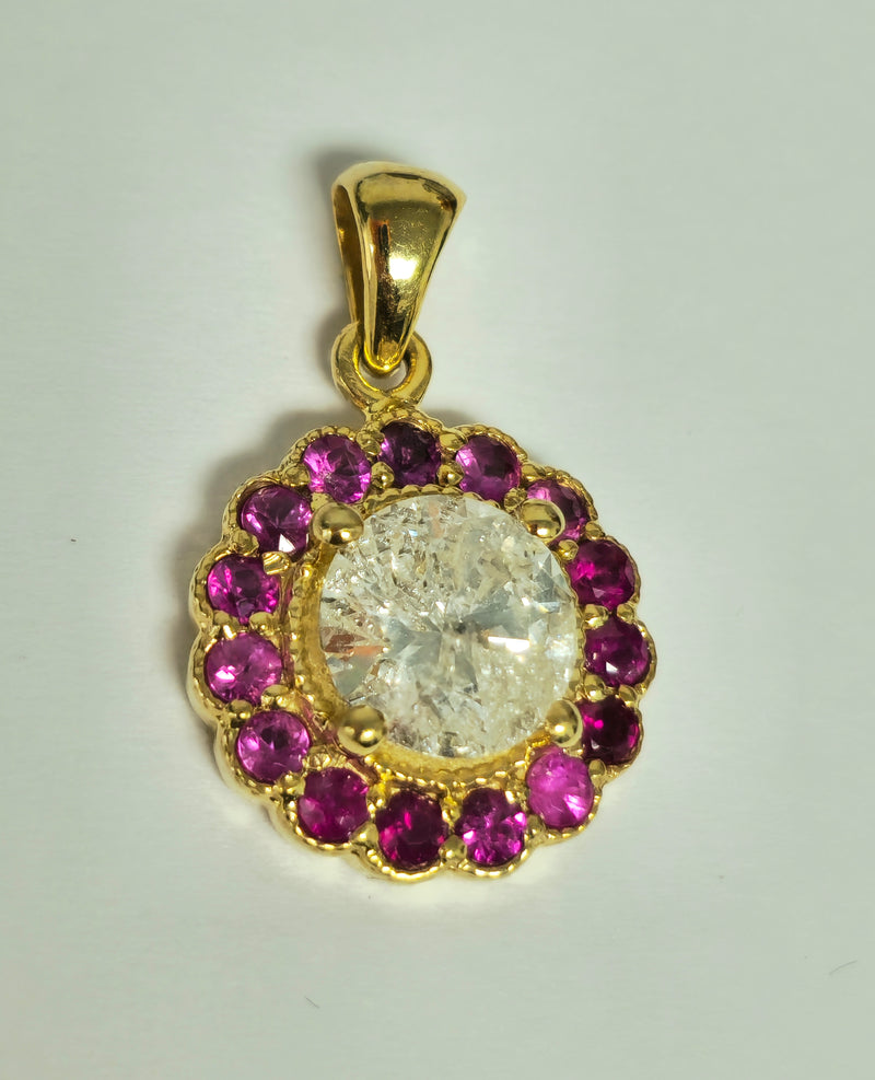 (GIA) 14K Yellow Gold, Diamond and Burma Ruby Pendant