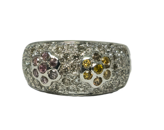 14K Gold. 1.10 CT; white, yellow and pink diamond ring