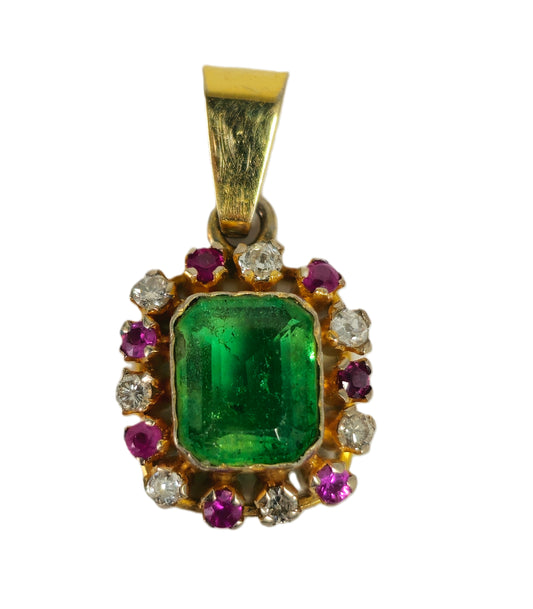 3.00 Carat Diamond, Emerald & Ruby Pendant. 18K Gold