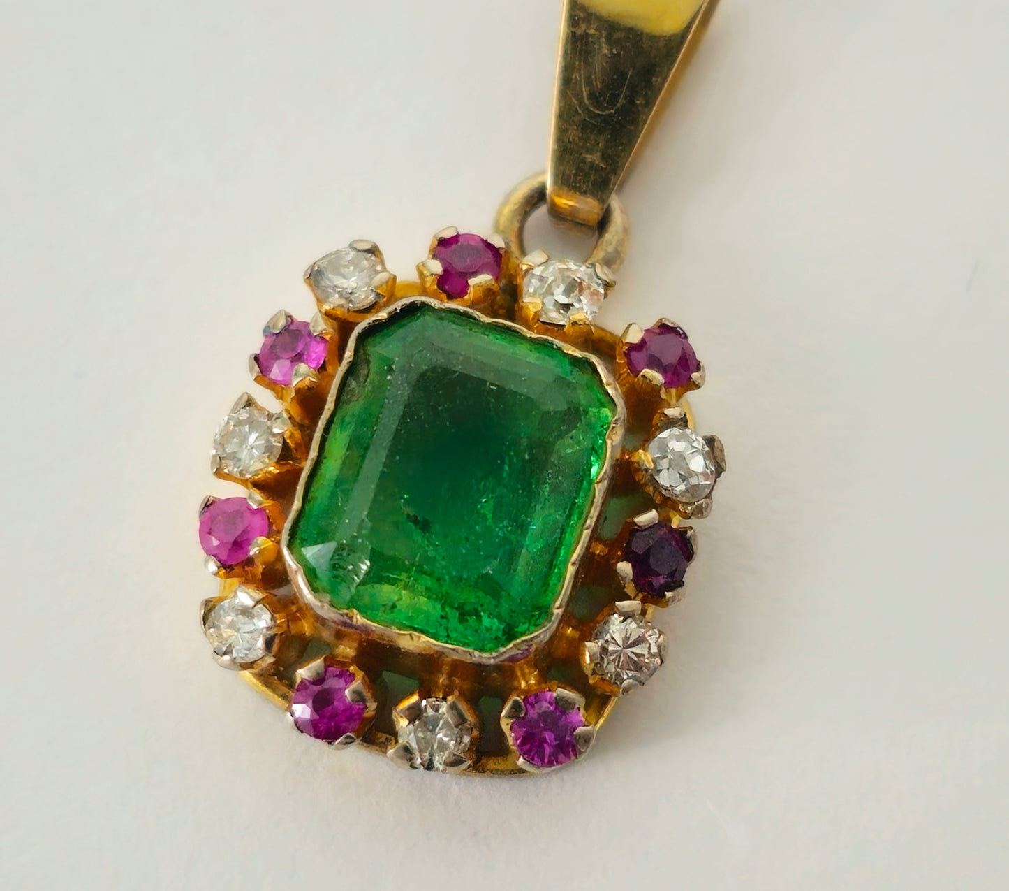 3.00 Carat Diamond, Emerald & Ruby Pendant. 18K Gold