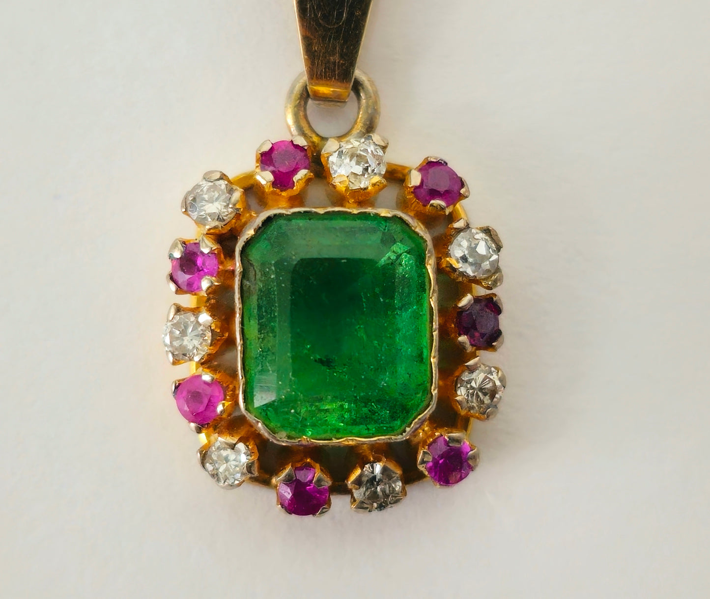 3.00 Carat Diamond, Emerald & Ruby Pendant. 18K Gold