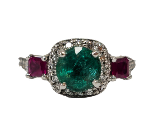 3.25ct Emerald, Ruby & Diamond Cocktail Ring in 14k Gold