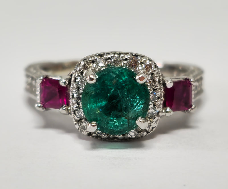 3.25ct Emerald, Ruby & Diamond Cocktail Ring in 14k Gold