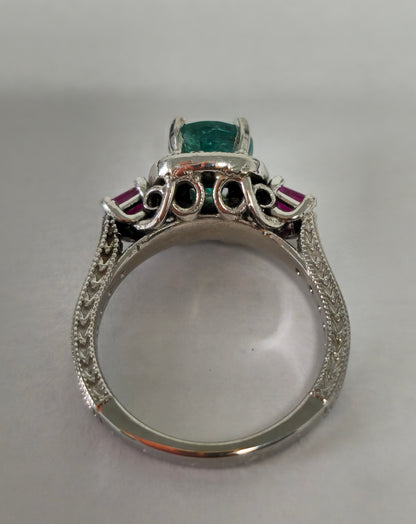 3.25ct Emerald, Ruby & Diamond Cocktail Ring in 14k Gold