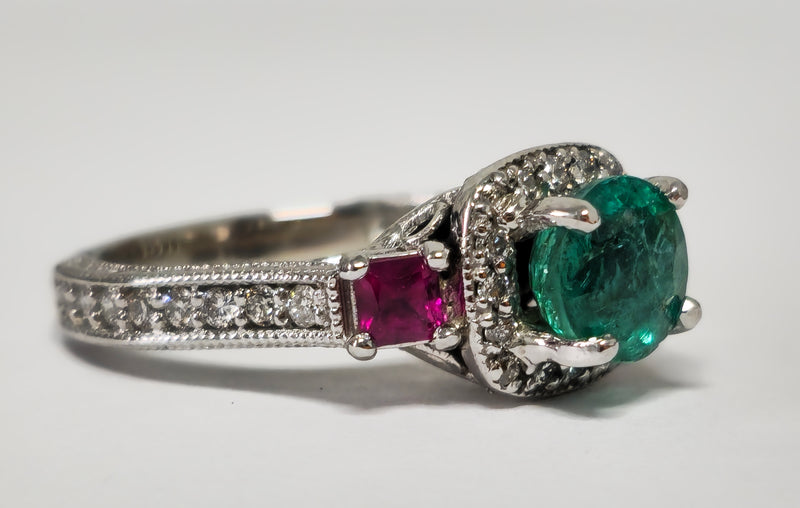 3.25ct Emerald, Ruby & Diamond Cocktail Ring in 14k Gold