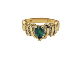 14k Gold Pear Shaped Emerald and Diamond Ring