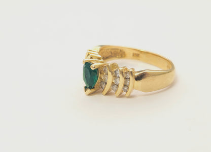 14k Gold Pear Shaped Emerald and Diamond Ring