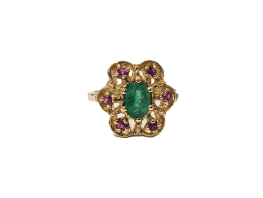 Elegant 14K Gold Ladies Ring with Ruby and Emerald