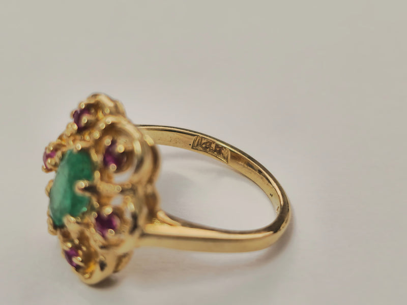 Elegant 14K Gold Ladies Ring with Ruby and Emerald