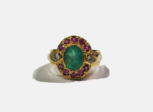 2.4ct Emerald,  Ruby and Diamond Ring in 18k Gold