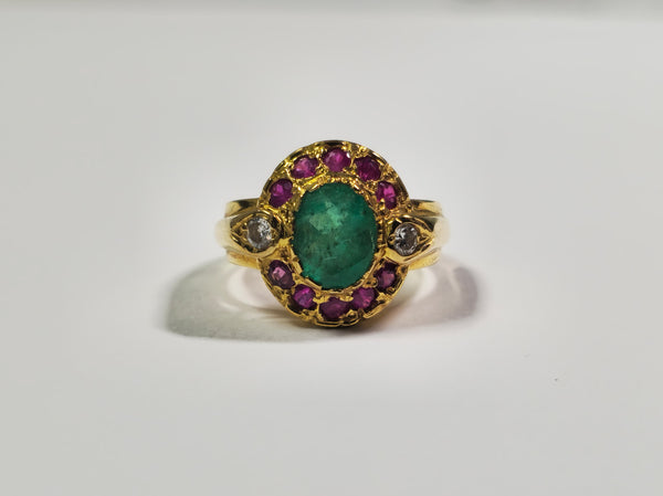 2.4ct Emerald,  Ruby and Diamond Ring in 18k Gold