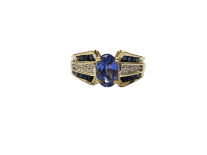 Blue Sapphire & Diamond Ring with Tanzanite Center in 14k Gold