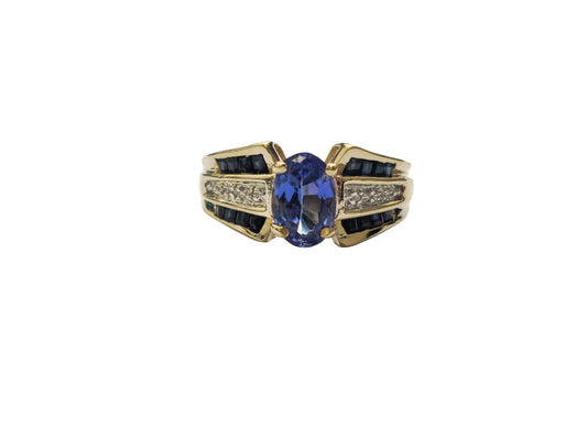 Blue Sapphire & Diamond Ring with Tanzanite Center in 14k Gold