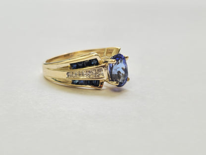 Blue Sapphire & Diamond Ring with Tanzanite Center in 14k Gold