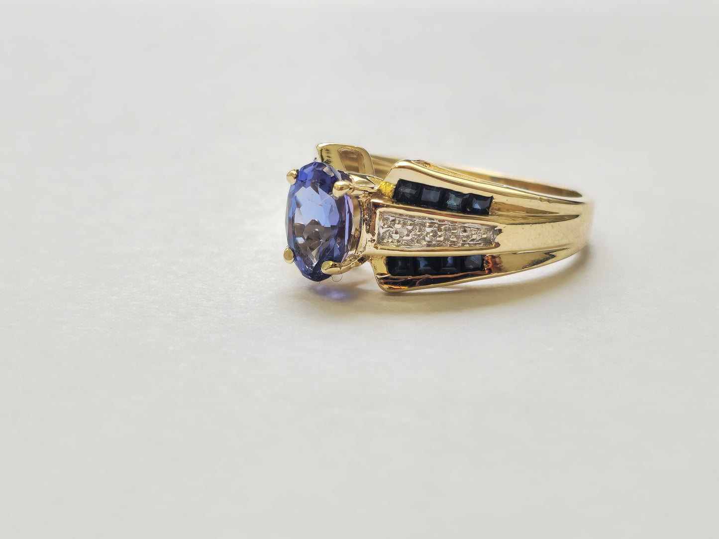 Blue Sapphire & Diamond Ring with Tanzanite Center in 14k Gold