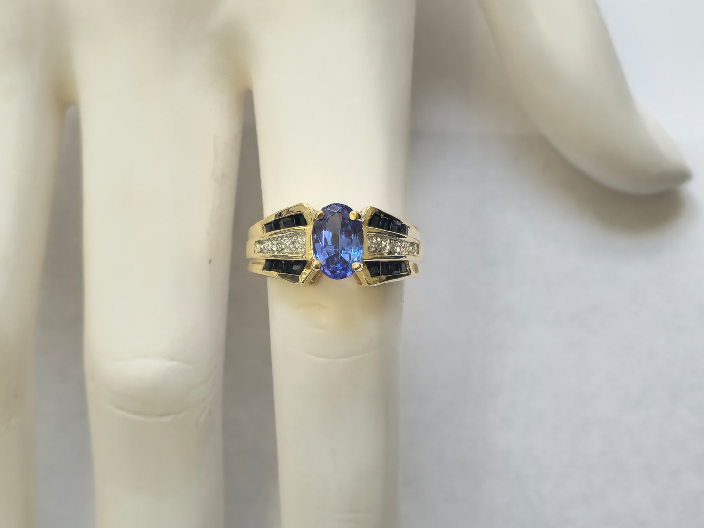 Blue Sapphire & Diamond Ring with Tanzanite Center in 14k Gold