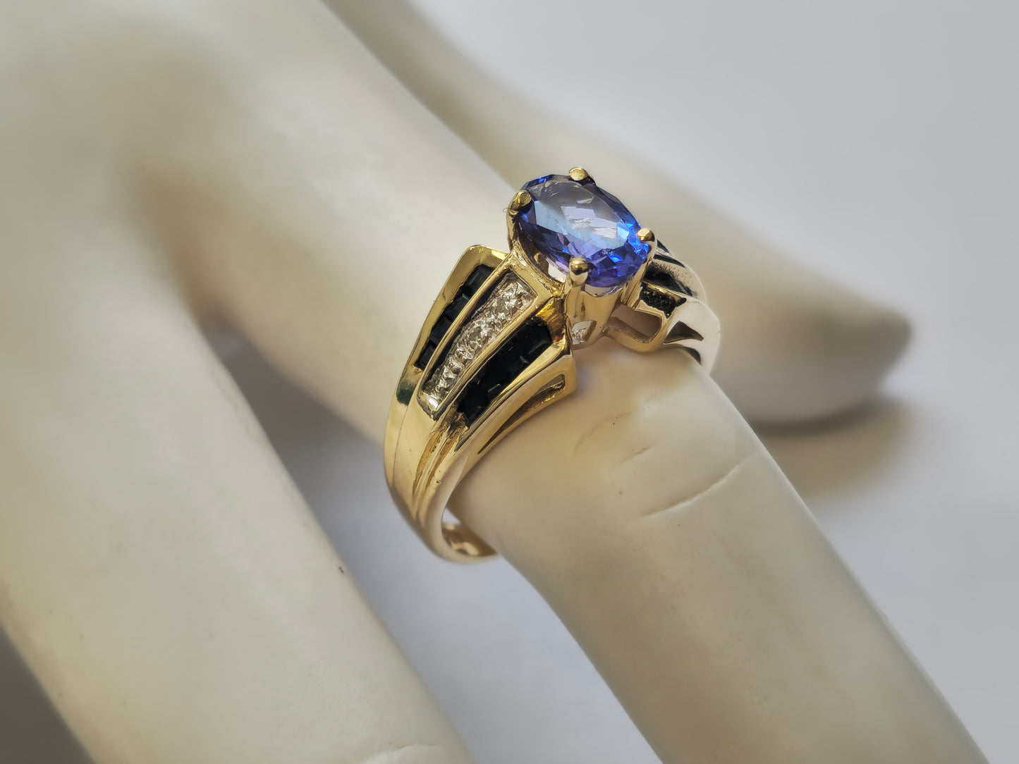 Blue Sapphire & Diamond Ring with Tanzanite Center in 14k Gold