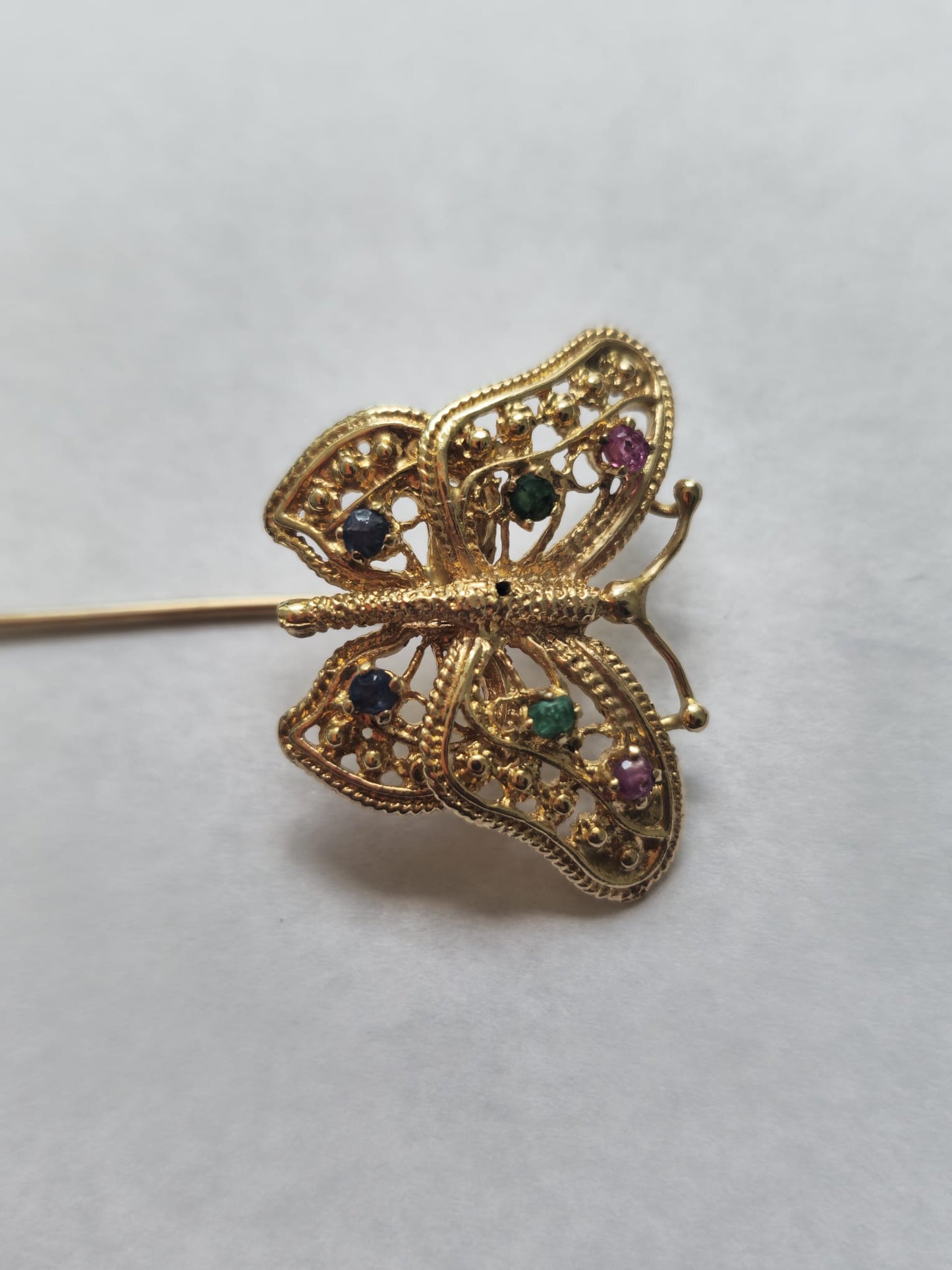 Emerald, Ruby, and Sapphire Multigemstone Pin in 18k Gold