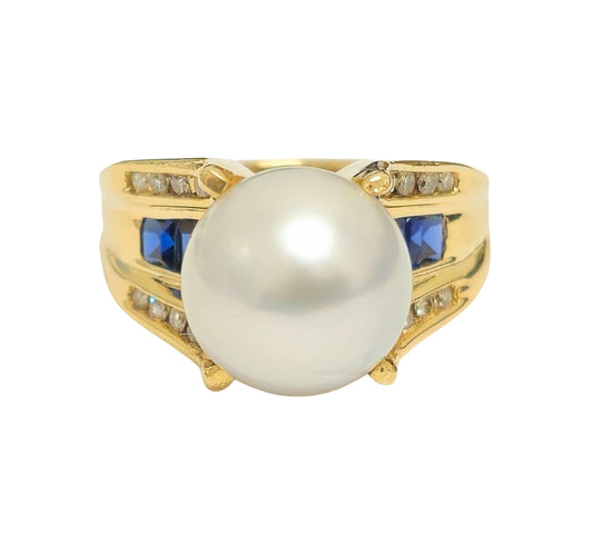 Blue Sapphire and Diamond 10k Gold Pearl Ring