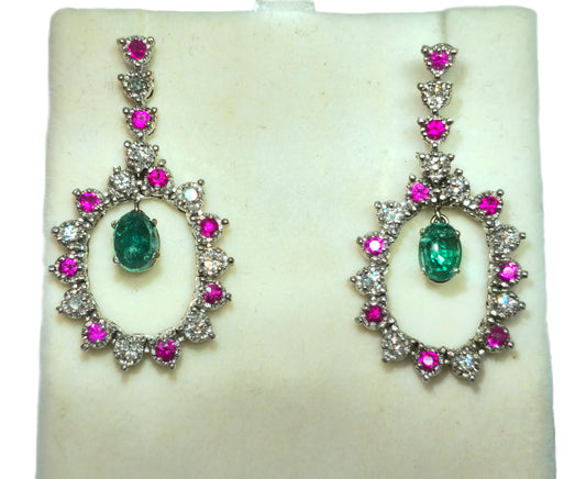 Cocktail Emerald Diamond Ruby Dangle Earrings