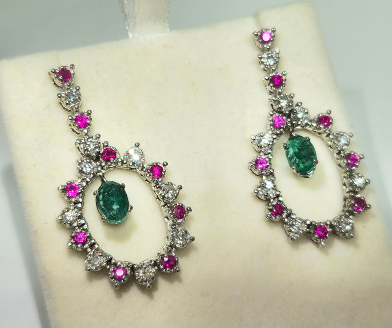 Cocktail Emerald Diamond Ruby Dangle Earrings