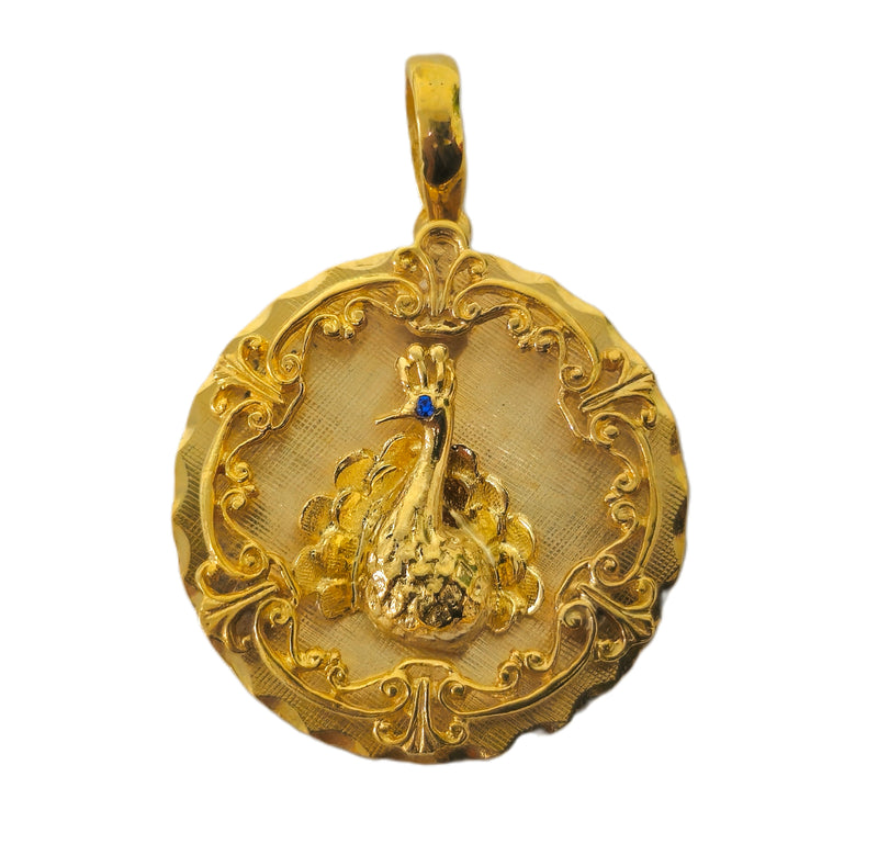 Vintage Peacock Motif Pendant with Blue Sapphire in 14k Gold