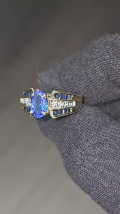 Blue Sapphire & Diamond Ring with Tanzanite Center in 14k Gold