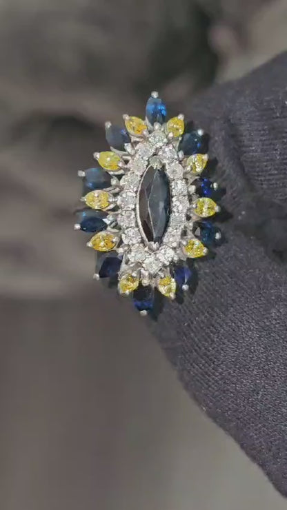 Vintage 18k Diamond Blue Sapphire Yellow Diamond Ring