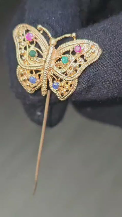 Emerald, Ruby, and Sapphire Multigemstone Pin in 18k Gold